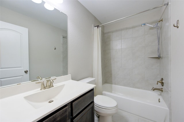 full bathroom featuring shower / bathtub combination with curtain, vanity, and toilet