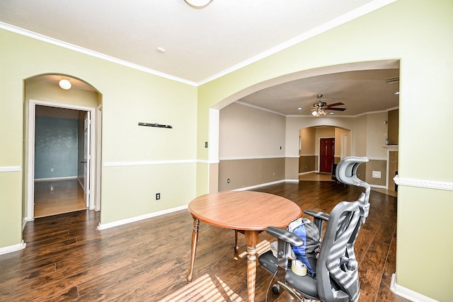 living area featuring ceiling fan, dark hardwood / wood-style flooring, and ornamental molding