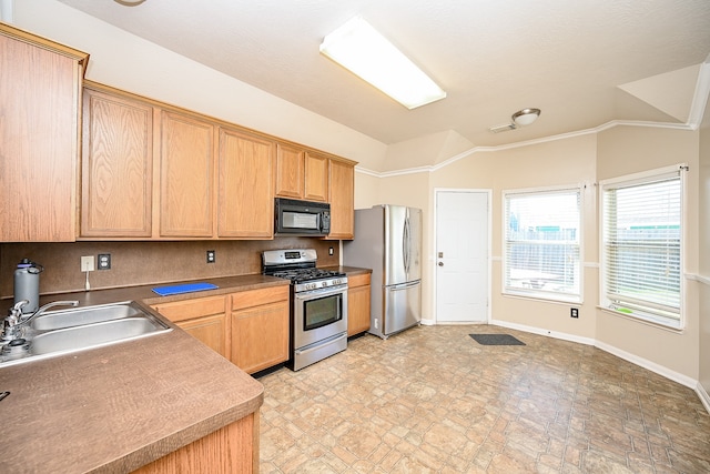 kitchen featuring crown molding, sink, lofted ceiling, and stainless steel appliances