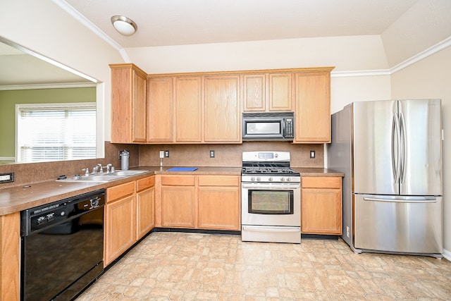 kitchen with crown molding, sink, and black appliances