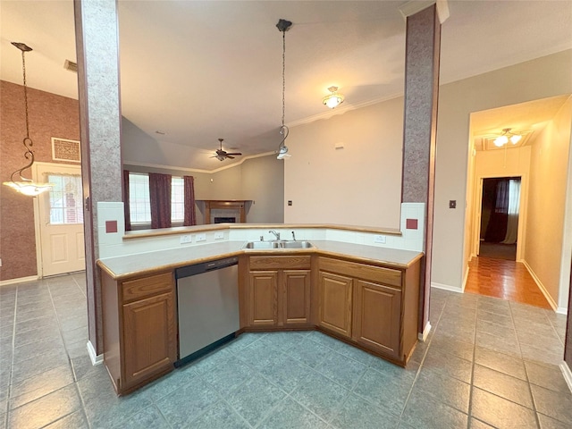 kitchen featuring kitchen peninsula, ceiling fan, sink, dishwasher, and hanging light fixtures