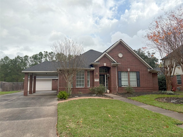 single story home featuring a garage and a front lawn