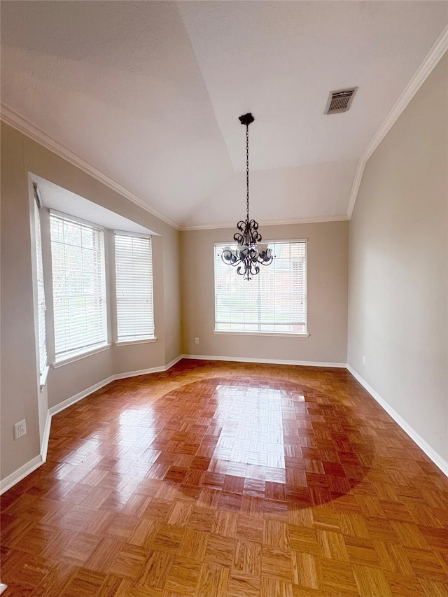 unfurnished room with a notable chandelier, lofted ceiling, a wealth of natural light, and light parquet floors