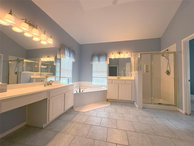 full bathroom featuring tile patterned flooring, vanity, toilet, and plus walk in shower