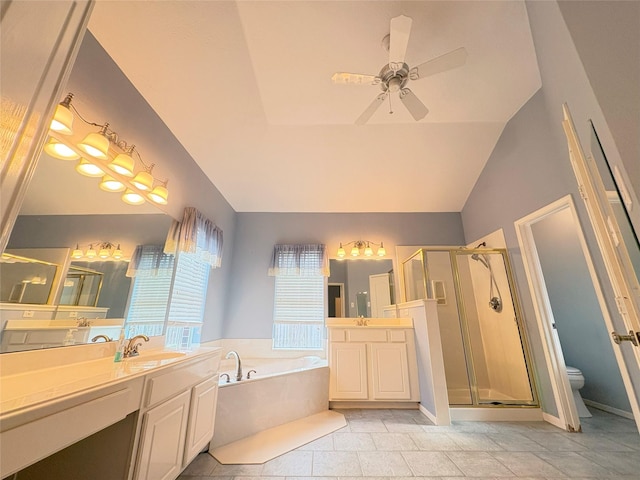 full bathroom featuring ceiling fan, tile patterned floors, toilet, vanity, and shower with separate bathtub