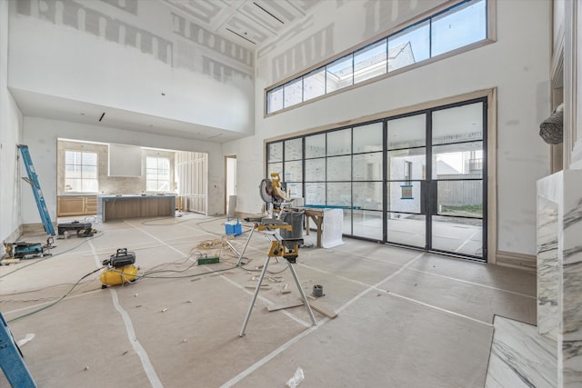 living room with a high ceiling