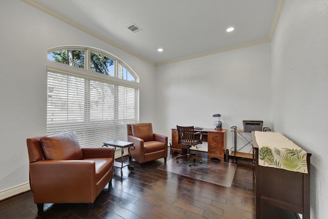 office space featuring dark hardwood / wood-style floors and ornamental molding