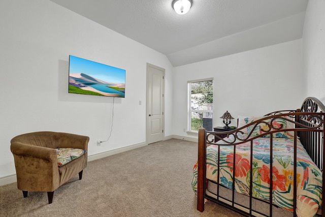 bedroom featuring carpet and lofted ceiling