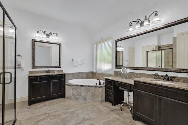 bathroom with plus walk in shower, vanity, and lofted ceiling