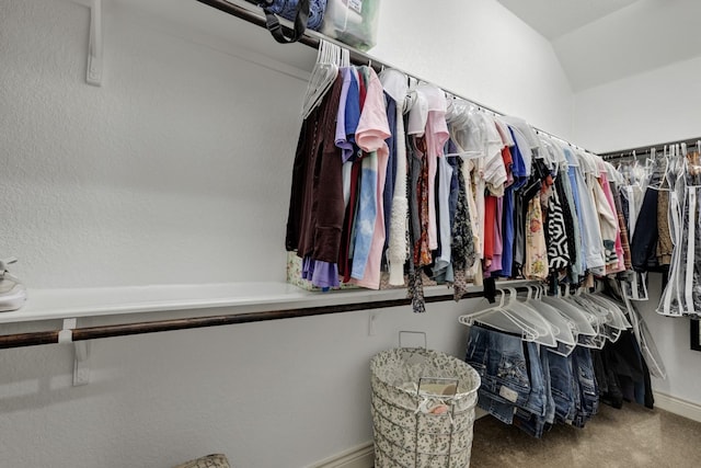 spacious closet featuring carpet floors and vaulted ceiling