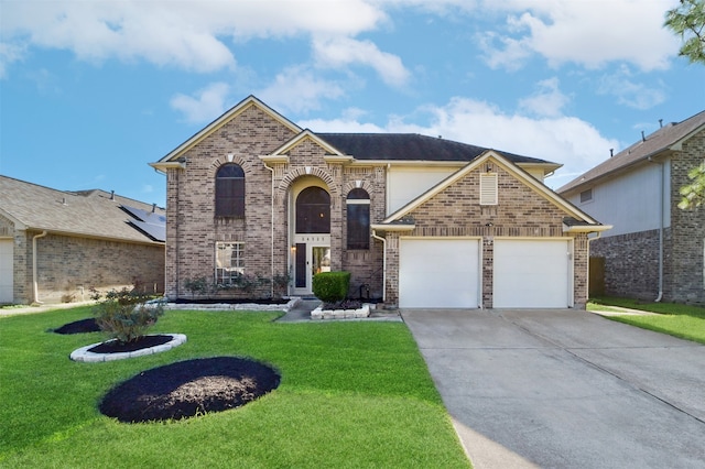 front facade featuring a garage and a front yard