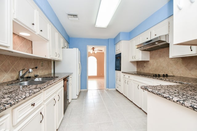 kitchen with white cabinets, backsplash, ceiling fan, and black appliances