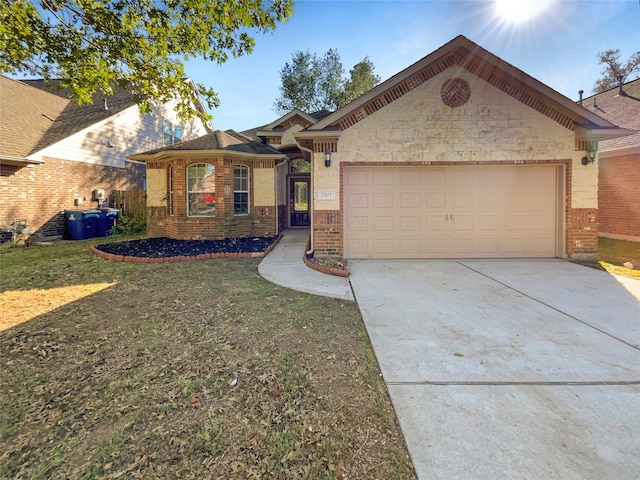 ranch-style house with a garage and a front lawn