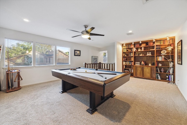 recreation room featuring pool table, ceiling fan, and light carpet