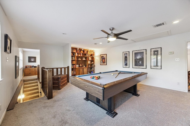 rec room with ceiling fan, billiards, and light carpet