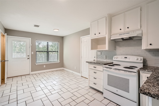 kitchen featuring white range with electric stovetop, backsplash, visible vents, and under cabinet range hood