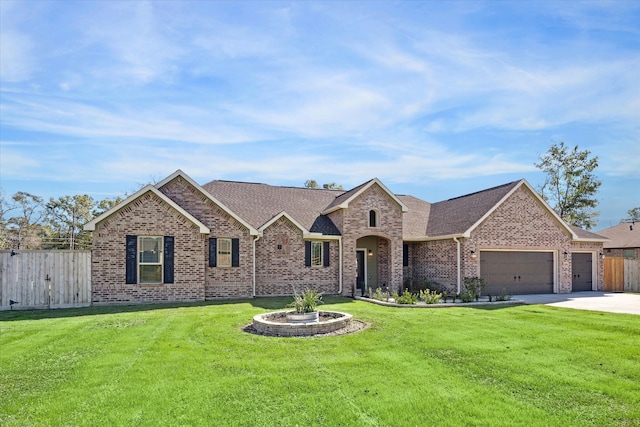 view of front of property with a garage and a front lawn