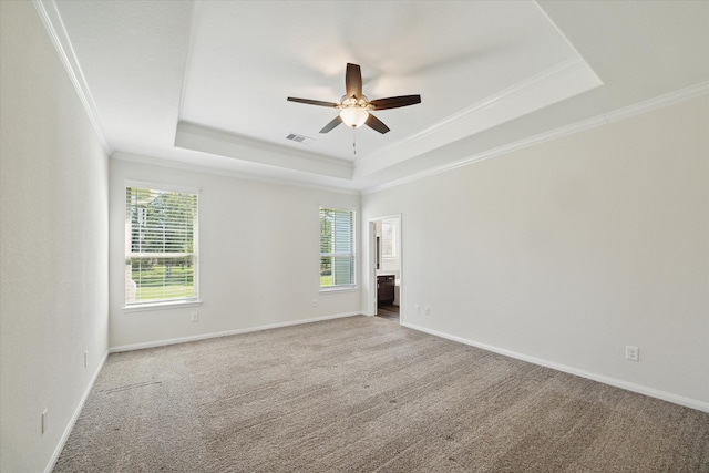 carpeted empty room featuring a raised ceiling, plenty of natural light, and ornamental molding