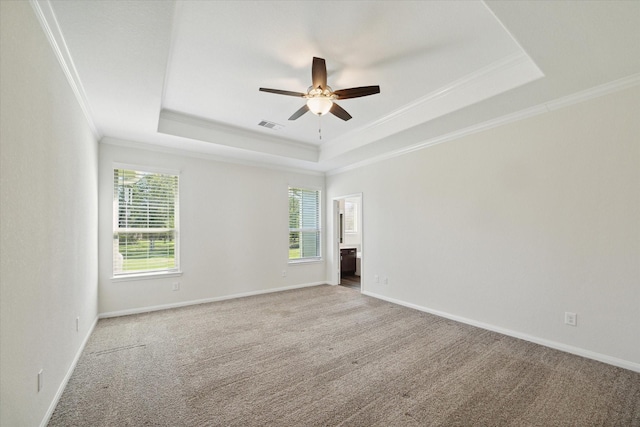 unfurnished room featuring crown molding, ceiling fan, carpet flooring, and a raised ceiling