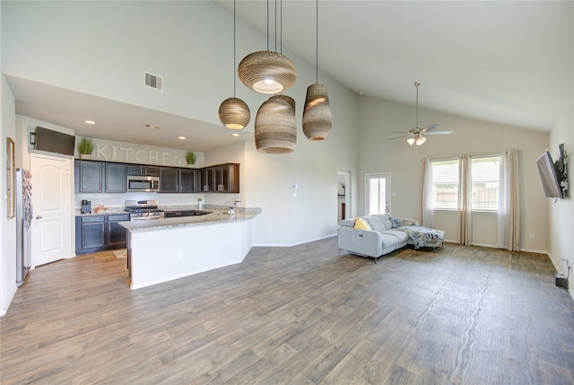 kitchen with hardwood / wood-style floors, high vaulted ceiling, kitchen peninsula, dark brown cabinetry, and stainless steel appliances