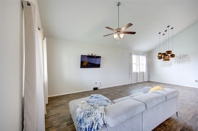 living room featuring ceiling fan, high vaulted ceiling, and dark wood-type flooring