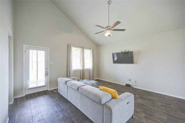 living room with ceiling fan, high vaulted ceiling, and dark hardwood / wood-style floors