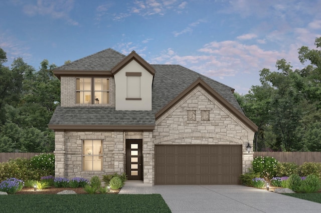 view of front facade featuring driveway, a shingled roof, a garage, and fence