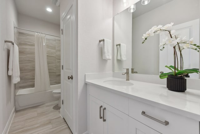 full bathroom with vanity, shower / bath combination with curtain, toilet, and wood-type flooring