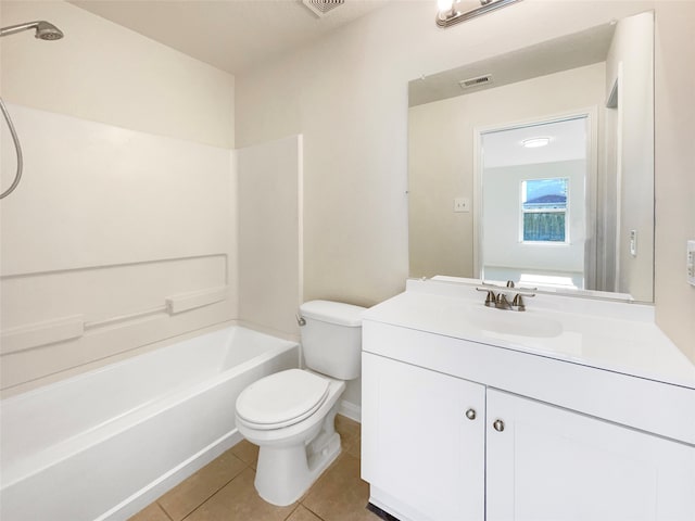 full bathroom with tile patterned flooring, vanity,  shower combination, and toilet