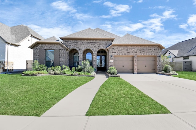 view of front facade with a front lawn and a garage