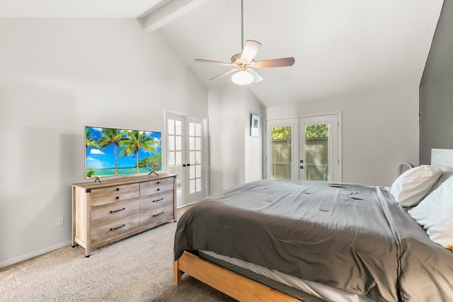 bedroom with access to exterior, french doors, vaulted ceiling with beams, ceiling fan, and carpet floors