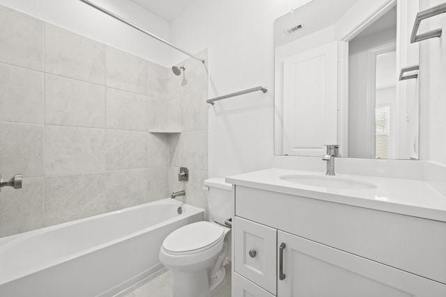 full bath featuring vanity,  shower combination, toilet, and visible vents