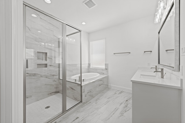 full bath featuring visible vents, a marble finish shower, a sink, a bath, and marble finish floor