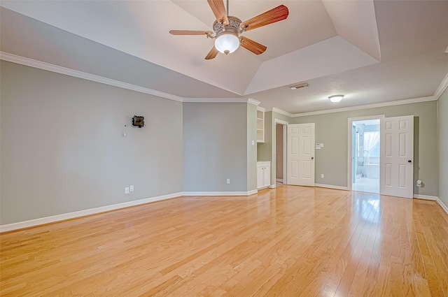 unfurnished room with ceiling fan, ornamental molding, vaulted ceiling, and light wood-type flooring