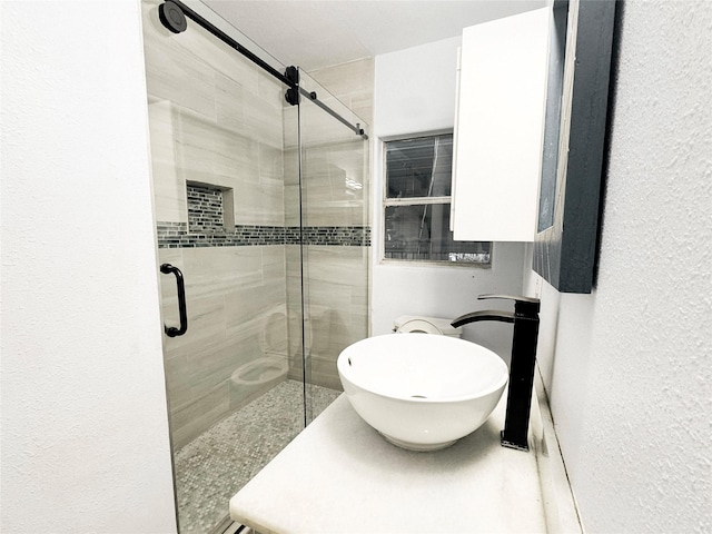 bathroom with a shower with door and sink