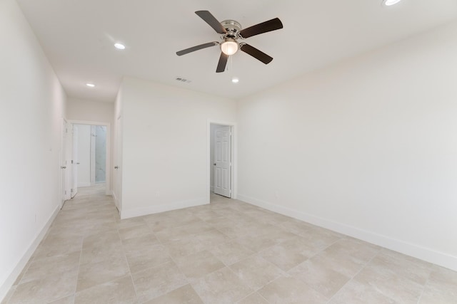 unfurnished room with baseboards, ceiling fan, visible vents, and recessed lighting