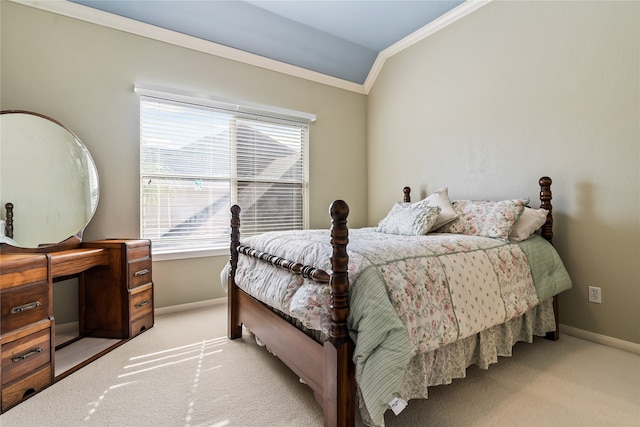 bedroom with lofted ceiling, light carpet, and ornamental molding