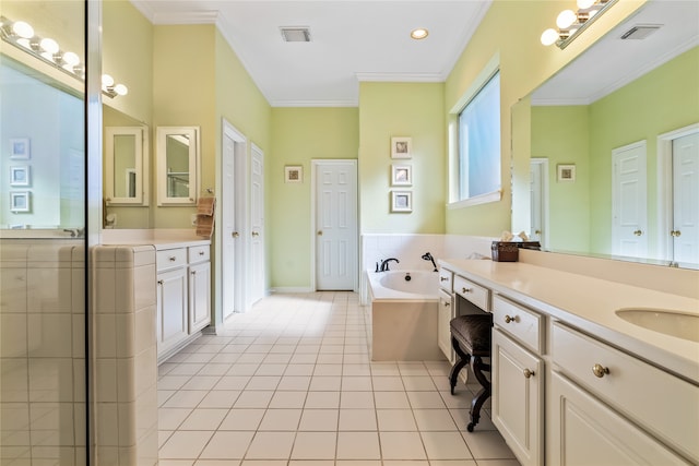 bathroom featuring crown molding, tile patterned flooring, vanity, and shower with separate bathtub