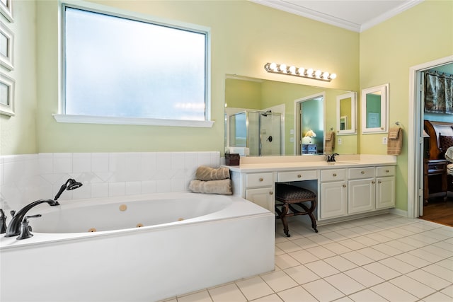 bathroom featuring a wealth of natural light, crown molding, vanity, and independent shower and bath