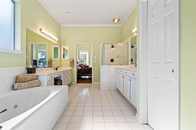 bathroom featuring shower with separate bathtub, vanity, tile patterned floors, and ornamental molding