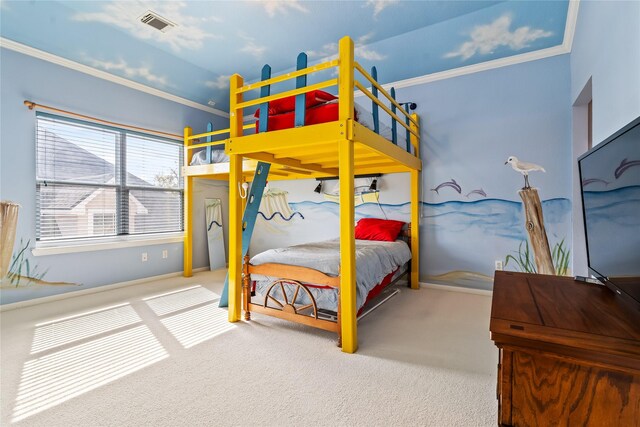 carpeted bedroom featuring ornamental molding