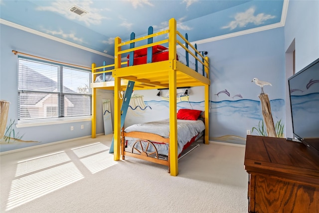 carpeted bedroom with visible vents and ornamental molding