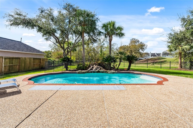 view of pool with a lawn, a patio area, a fenced backyard, and a fenced in pool