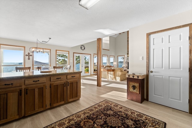 kitchen featuring pendant lighting, french doors, light hardwood / wood-style flooring, and plenty of natural light