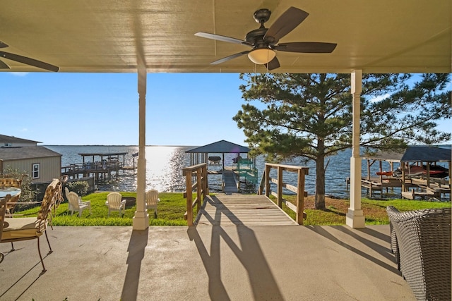 172 Little Dove, Livingston, TX 77351 - view of patio featuring a water view, ceiling fan, and a gazebo