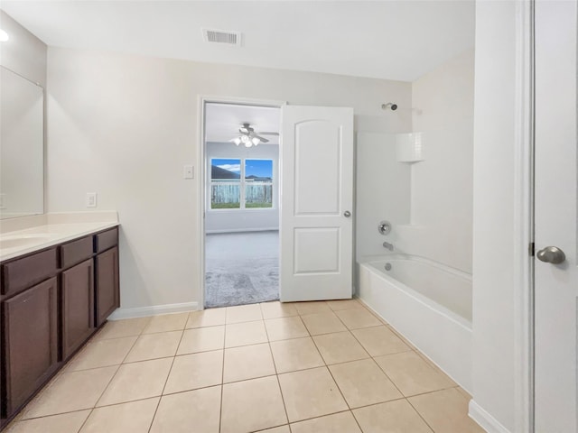 5122 Breezy Parke Ln, Rosenberg, TX 77469 - full bathroom with vanity, bathtub / shower combination, tile patterned floors, a ceiling fan, and baseboards