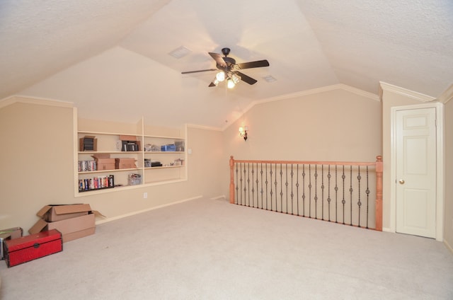 additional living space with carpet flooring, ceiling fan, lofted ceiling, and a textured ceiling