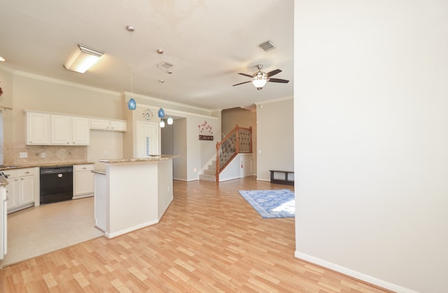 kitchen with white cabinets, dishwasher, light hardwood / wood-style floors, and crown molding