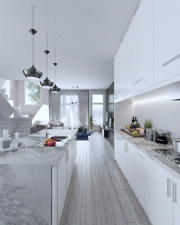 kitchen featuring pendant lighting, light hardwood / wood-style floors, white cabinetry, and sink