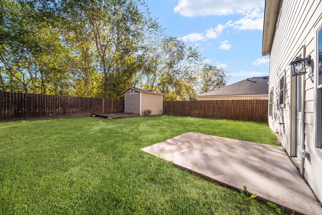 view of yard with a storage shed and a patio